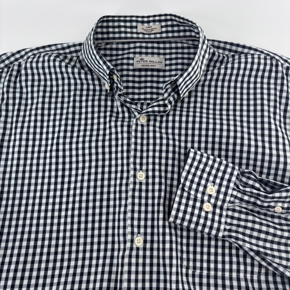 Peter Millar Crown Soft Shirt Mens Large Navy Blue Gingham Cotton Silk Long Slv